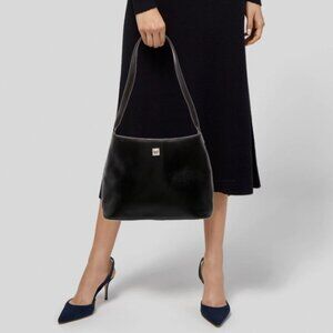 Vintage Versace Black Leather Shoulder Bag Silver Tone Medusa Head Hardware